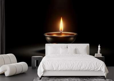 Beautiful diya lamp with flame on dark background. Wall mural