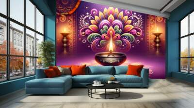 Beautiful illustration for tamil new year celebration with diya lamp and decoration. Wall mural