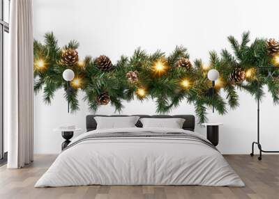 Christmas tree branch with cones and lights. Wall mural