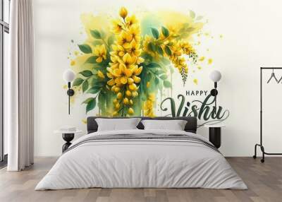 Happy vishu watercolor card illustration with golden shower flower. Wall mural