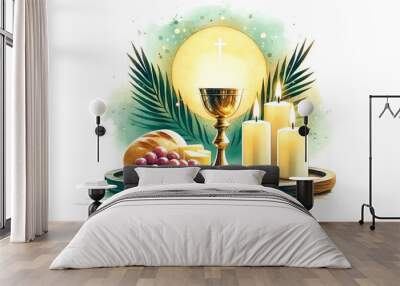 Illustration for corpus christi with a chalice, bread,grapes, and candles. Wall mural