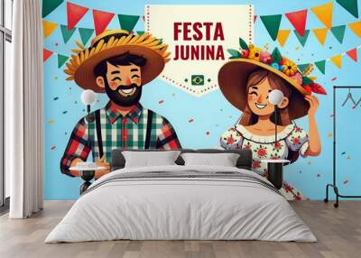 Illustration of poster for festa junina in brazil with two cheerful characters. Wall mural