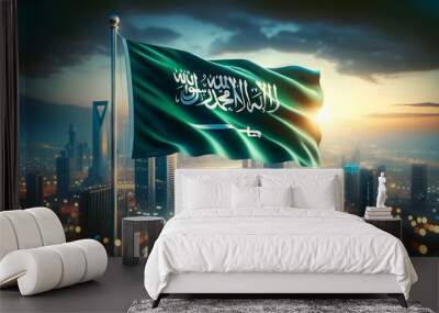 Illustration of the saudi arabian flag waving at dusk with a city lights bokeh background. Wall mural