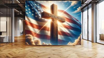 In god we trust background with american waving flag and cross. Wall mural