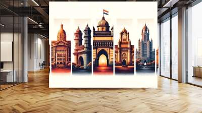 Maharashtra day background illustration with collage of famous maharashtra monuments.
 Wall mural