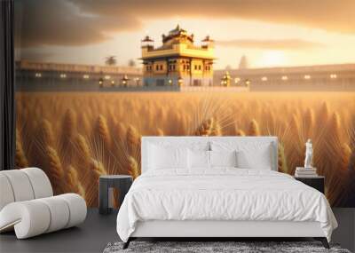 Realistic illustration for baisakhi with golden temple and wheat field. Wall mural