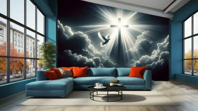 Realistic illustration for whit monday with a big glowing cross in the clouds and a white dove in flight. Wall mural