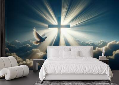 Realistic illustration for whit monday with christian cross illuminated by beams of light and dove in flight. Wall mural