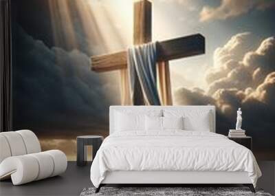 Realistic illustration of a wooden cross with a white cloth draped over it. Wall mural