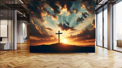 Realistic illustration of cross on hill at sunset. Wall mural