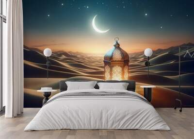 Realistic image for Ramadan with a serene desert scene during twilight with a crescent moon in the sky. Wall mural