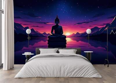 Silhouette of buddha statue at sunset in cartoon syle. Wall mural