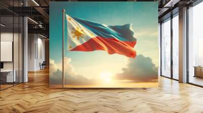 Vintage illustration for the philippines independence day with the flag of the waving philippines flag. Wall mural