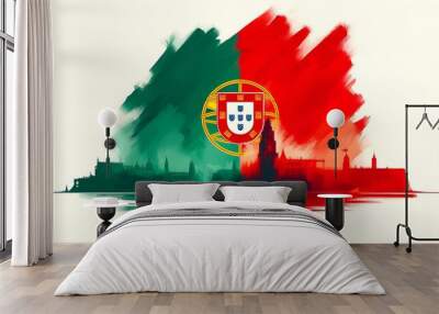 Watercolor illustration for portugal day with the national flag of portugal and city silhouette. Wall mural