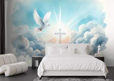 Watercolor illustration for whit monday with a white dove in flight against a a radiant white cross in clouds. Wall mural