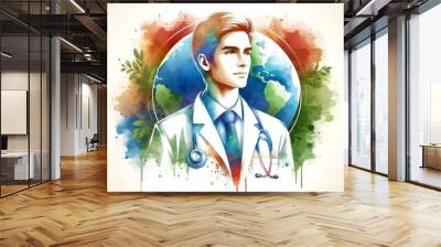 Watercolor illustration for world health day with a doctor and earth globe. Wall mural