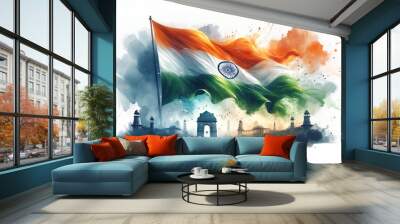 Watercolor illustration of india republic day background. Wall mural