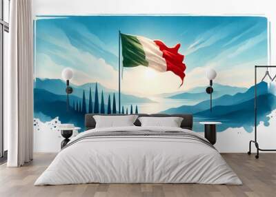 Watercolor illustration of waving italian flag with beautiful lake landscape. Wall mural