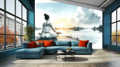 Watercolor illustration suitable for International Yoga Day with a serene scene with a woman in a yoga pose. Wall mural