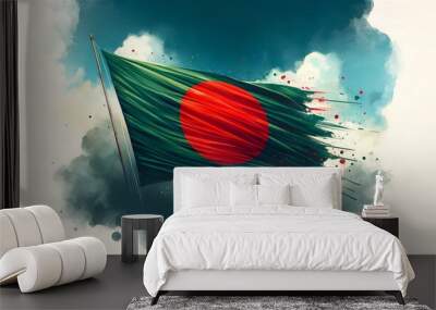 Watercolor style flag of bangladesh waving in the air against a sky with clouds for independence day. Wall mural