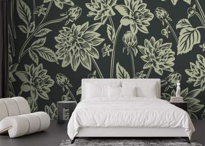 dahlia floral Victorian Damask vintage surface pattern , green flora Luxury Decorative Fabric Pattern. HAND DRAWN botanical BLOCK PRINT all over  linecut seamless Wall mural