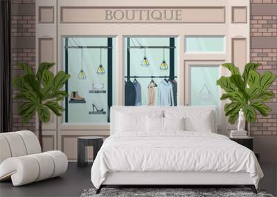 Graphic vector facade vintage boutique. Detailed Illustration of a clothes shop in a flat style. Retail storefront. European modern fashion store house Wall mural