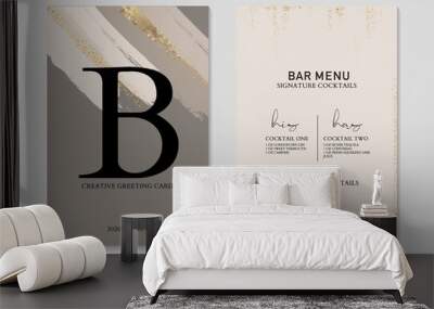 Vector marble grey grunge brush strokes and golden sparkles, hand drawn typography, party concept, bar menu template, poster template Wall mural