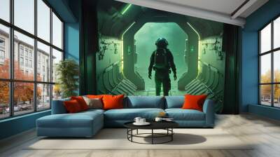 Astronaut enters extraterrestrial ship green cinematic lights full body shot Incredibly detailed sharpen details cinematic production still 8k HD cinematography photorealistic epic composition  Wall mural