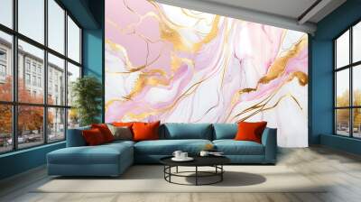 Swirl of pink gold marble abstract background, Liquid marble design abstract, light pink azure tones with rose golden, Paint marble texture. Alcohol ink colors, Generative Ai. Wall mural