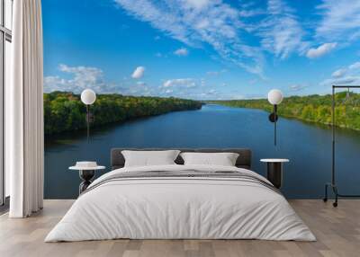 Aerial view of Mississippi river with green trees,  blue sky and white clouds panorama Minnesota  USA  Wall mural