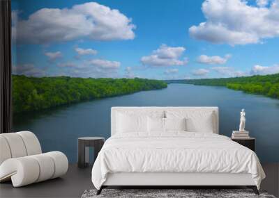 The Big Mississippi river panorama with blue sky and white clouds  Wall mural