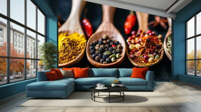 Assortment of spices and dry herbs. selective focus. Generative AI, Wall mural