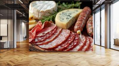 Board with sliced sausage and gourmet cheeses. selective focus. Generative AI, Wall mural