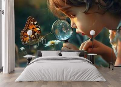 Child looking at a butterfly through a magnifying glass, Generative AI, Wall mural