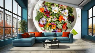 plate of salad with flowers on white table. Generative AI, Wall mural