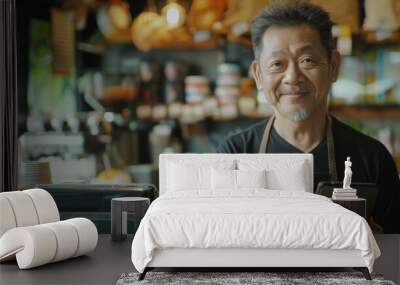 Portrait of a happy coffee shop worker with a tablet
 Wall mural