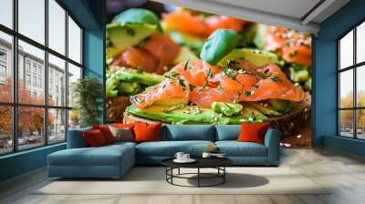 sandwich with avocado and red fish. Selective focus. Wall mural