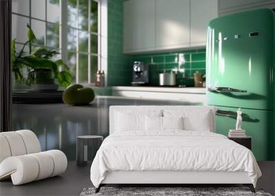 Modern kitchen interior with a green retro refrigerator, a window with a green view, a plant on the counter, and a coffee machine in the background. Wall mural