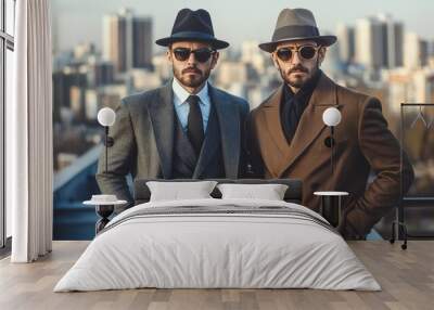 Two stylish men in suits and fedoras stand on a rooftop overlooking a city skyline. Wall mural