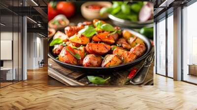 Grilled sausages with baked potatoes and tomatoes in a pan Wall mural