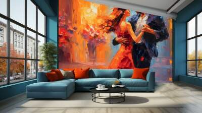 Passionate and romantic dance of a man and a woman. Oil painting. Wide relief brush strokes. A bright palette of fiery colors. Wall mural