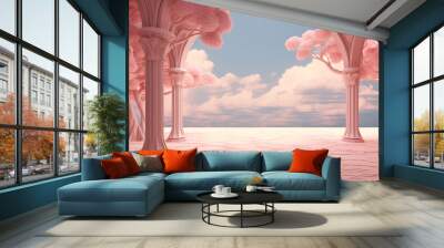 archway frame with trees and a view in sky, in the style of surrealistic futuristic, pink and beige, trompe l'oeil compositions, interior scenes. Generative AI. Wall mural