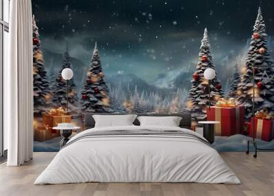 snowy christmas night with christmas trees and some presents on the snow, in the style of photo-realistic landscapes, red and aquamarine, large-scale canvas, dark crimson and gold Wall mural