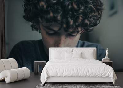 A boy with curly hair play the video game on mobile phone Wall mural