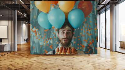 Birthday party of adult young man with balloons and birthday cake Wall mural