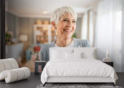 Close up portrait of one senior woman with short hair happy smile Wall mural