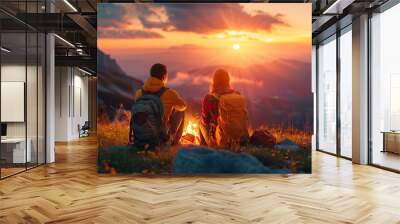 Couple man and woman campers sit in front of fire in nature camping Wall mural