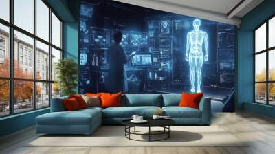 futuristic diagnostic center with doctor look to the human body Wall mural