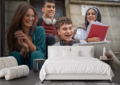 group of students sit in front of school watch video on digital tablet Wall mural