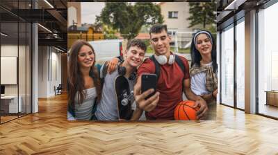 group of teenage students self portrait selfie of gen z sit in campus Wall mural